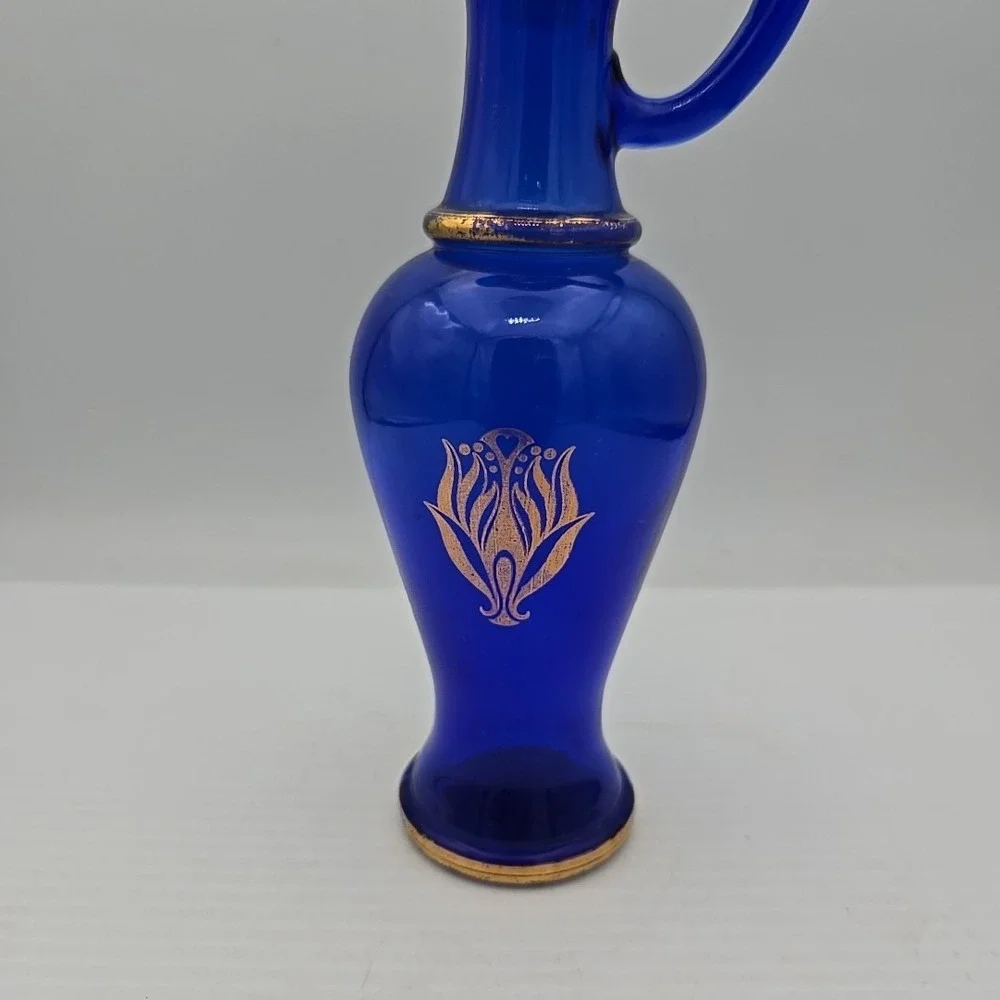 Vintage 70s Avon Cobalt Blue Gold Glass Genie Bottle Cruet Pitcher 9